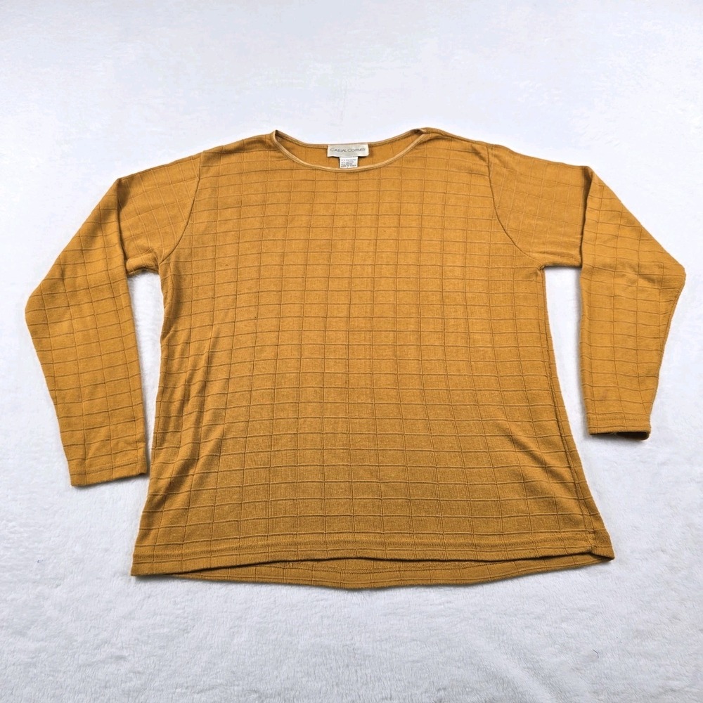 Casual Corner Womens Large Mustard Yellow Grid Textured Long Sleeve Knit Top